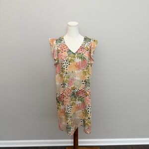 C&C California Dress 100% Linen Flutter Ruffle Sleeve Botanical Tropical Palms